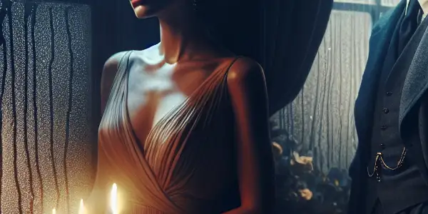 A woman gazes out a rain-streaked window, while a man stands behind her, conveying longing and emotional distance.