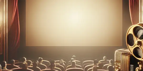 A vintage movie theater scene celebrating classic Taiwanese cinema, featuring plush seating, popcorn, and film enthusiasts.