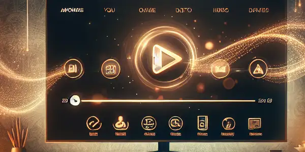 A cozy living room with a modern media player interface on a sleek TV, surrounded by cinematic decor.