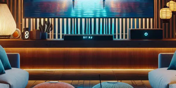 A cozy modern home theater setup featuring a large screen, plush sofas, and hints of Japanese culture.