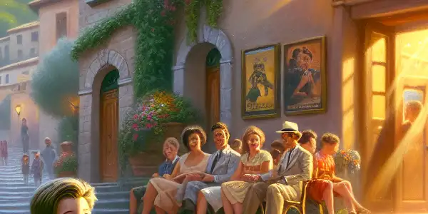 A young boy sits on steps of a vintage cinema in a charming 1980s Italian village, filled with wonder.