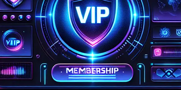 A futuristic digital landscape showcasing a VIP membership page for an adult content platform with exclusive content and security symbols.