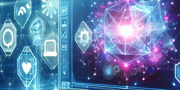 Futuristic digital workspace showcasing sleek technology and abstract hints of adult content in a vibrant, organized setting.