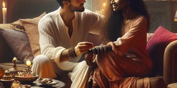 A cozy, intimate room with a couple joyfully interacting, surrounded by warm lighting and plush furnishings.