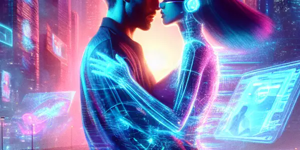 A couple shares an intimate moment in a neon-lit, futuristic cityscape filled with holographic technology.