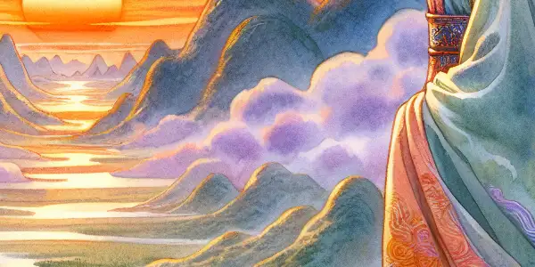 A beautiful woman in a flowing Chinese dress stands on a cliff at sunset, overlooking a serene landscape.