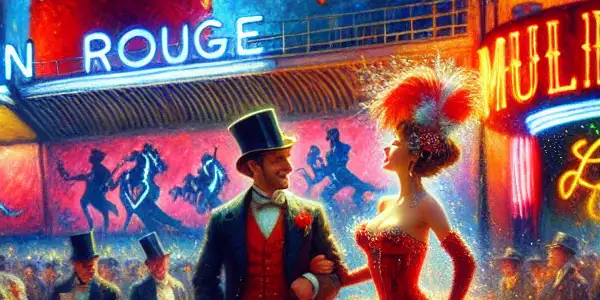 A lively scene at the Moulin Rouge with elegantly dressed patrons, Christian and Satine, amidst colorful lights and vibrant posters.