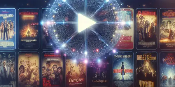 A futuristic streaming interface showcasing classic films, vibrant posters, and nostalgic movie items in a cozy home theater setting.