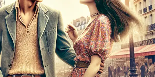 A young couple shares a playful moment on a sunny Parisian street, surrounded by iconic landmarks and whimsical details.