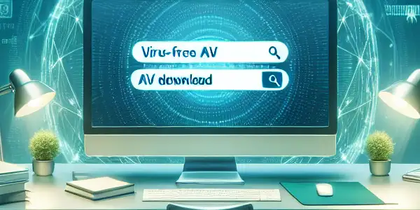 A modern workspace featuring a computer displaying a virus-free AV download search, surrounded by security symbols.
