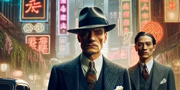 A charismatic gang leader and his ambitious younger self in vibrant 1930s Shanghai, amidst neon lights and vintage cars.