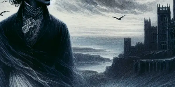 A stormy moorland scene featuring a gothic manor, Heathcliff, and a ghostly Catherine in flowing white.