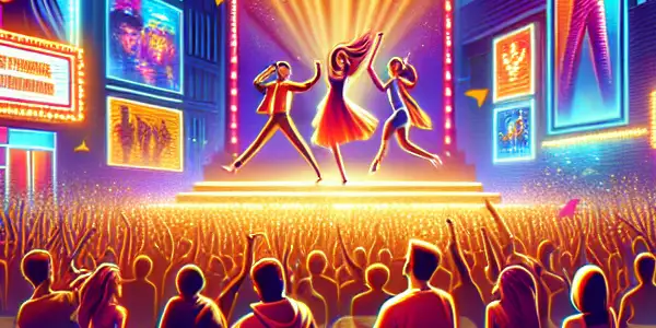 A vibrant urban night scene filled with diverse people enjoying entertainment activities under bright neon lights.