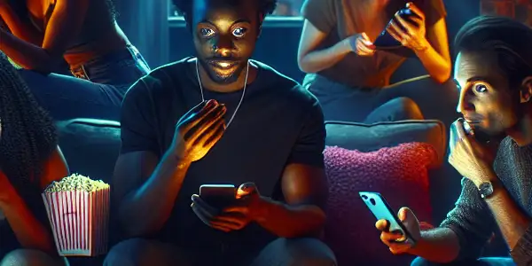 A cozy living room scene with friends enjoying a thrilling movie, popcorn, and a starry night outside.