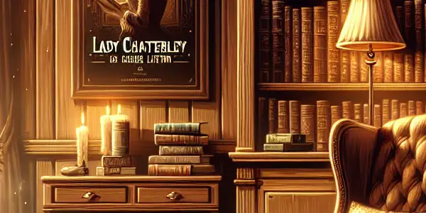 A cozy home library with a vintage bookshelf, plush chair, warm lighting, and classic literature.