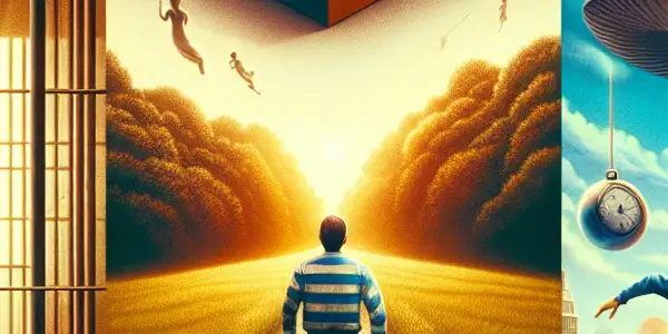 A collage featuring a prison scene, a park bench with chocolates, and a surreal cityscape, symbolizing hope, journey, and dreams.