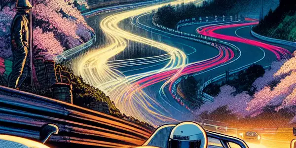 A young man races a white Toyota AE86 on a misty mountain road, surrounded by cherry blossoms at dusk.