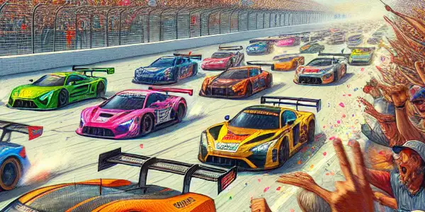 A vibrant motorsport event with colorful race cars, cheering fans, and promotional banners for discounts.
