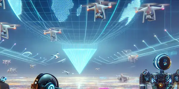 A futuristic logistics hub with drones and robots managing digital media packages in a vibrant, high-tech environment.