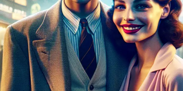 A joyful couple in a lively Hong Kong street, surrounded by neon lights and playful elements, capturing romance and comedy.