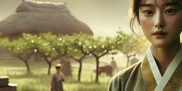 A young woman in traditional attire stands among mulberry trees, evoking nostalgia in a serene late 20th-century Korean village.
