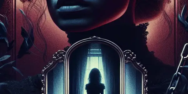 A woman in a dimly lit room grapples with desire and enslavement, surrounded by shadows and chains.