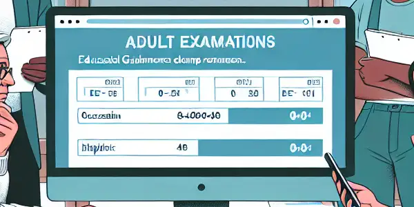 A diverse group of adults anxiously checks examination results in a modern office, symbolizing hope and urgency.