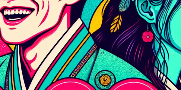 A playful couple in a colorful, whimsical setting, embodying love and desire for an erotic comedy poster.