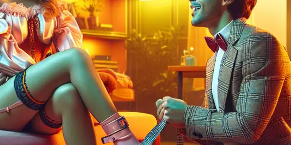 A cozy room with two characters playfully role-playing, surrounded by interactive elements and a warm, inviting atmosphere.