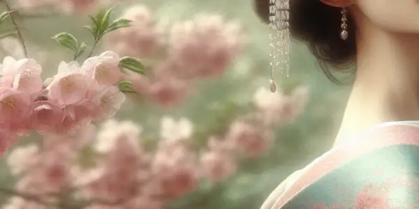 Airi Kijima in a serene garden, surrounded by cherry blossoms, wearing a pastel kimono, exuding contemplative joy.