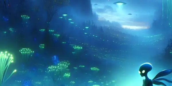 A young boy shares a joyful moment with a glowing alien in a twilight forest, while a menacing spaceship looms above.