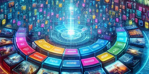 A vibrant digital dashboard showcasing diverse movie genres, featuring colorful posters and elements of online browsing.