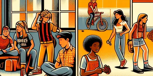 A lively high school scene with diverse teens expressing friendship, rebellion, and self-discovery amidst vibrant surroundings.