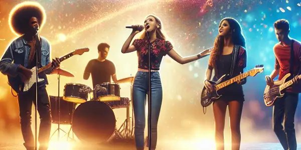 A lively concert scene with young performers passionately singing, surrounded by a cheering audience and colorful lights.