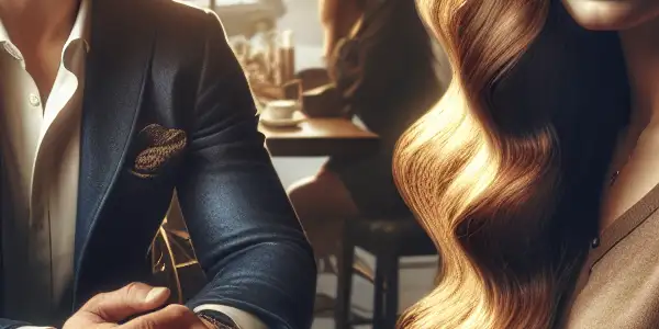 A young woman and a middle-aged man share a contemplative moment in a cozy urban café.