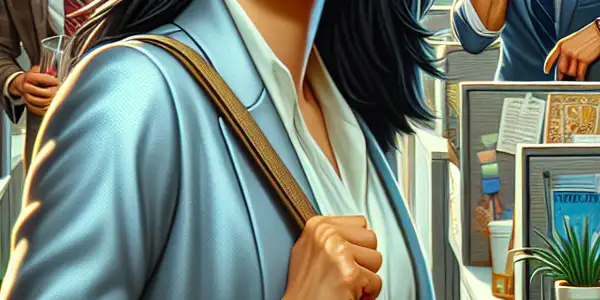 A determined young woman navigates a bustling modern office filled with engaged colleagues, showcasing ambition and resilience.