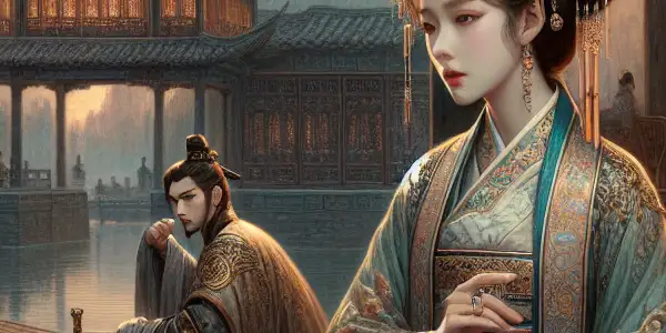 Du Shiniang and Li Jia in a Ming Dynasty courtyard, facing love and betrayal by a river at dusk.
