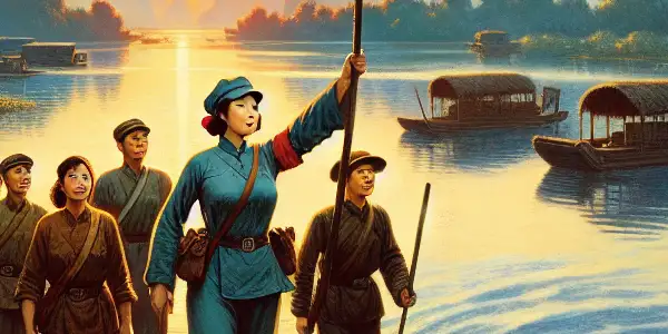 A determined female revolutionary leader with comrades stands by serene waters, embodying resilience and unity in 1940s China.