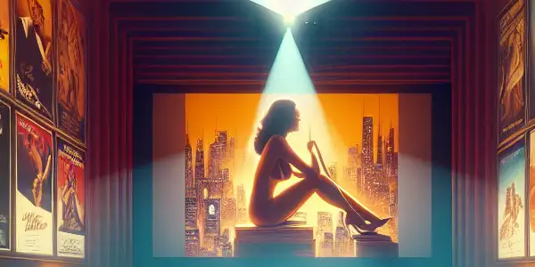 A lively cinema scene featuring vintage film posters and plush seating, evoking boldness and excitement in adult entertainment.