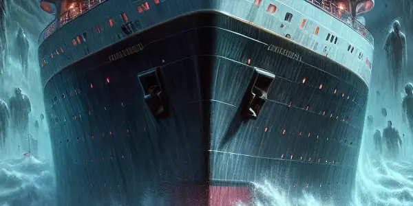 A distressed woman grips the railing of a grand cruise ship amidst a storm, surrounded by ominous shadows and ghostly figures.