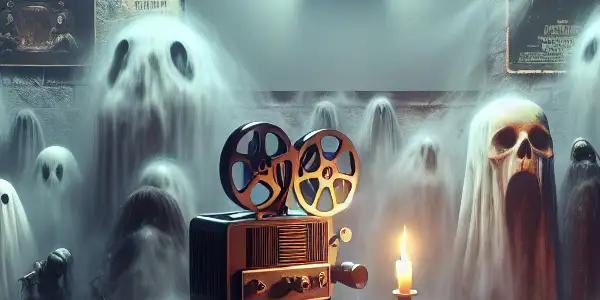 A dimly lit room with vintage horror movie posters, a flickering projector, and ghostly figures creating an eerie atmosphere.