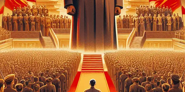 Mao Zedong leading a celebration with revolutionaries and citizens during the founding of New China in 1949.