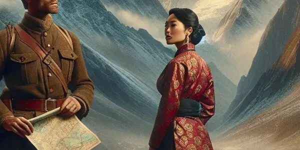 A British explorer and a Tibetan woman share a moment in a breathtaking valley surrounded by snow-capped mountains.