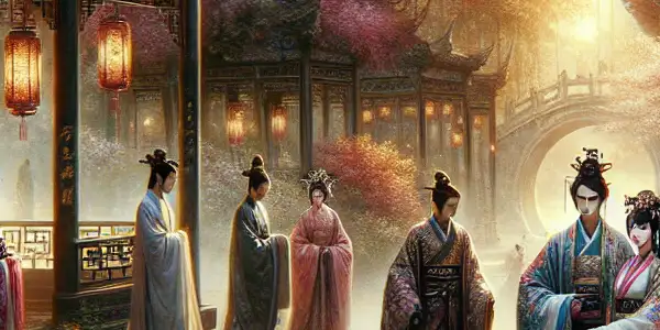 A romantic garden scene with elegantly dressed characters amidst blooming cherry blossoms and traditional Chinese architecture.