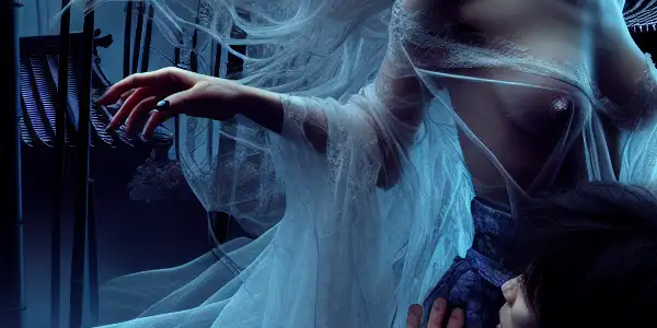 A ghostly figure entwined with a human male in a dark, mysterious Japanese setting.