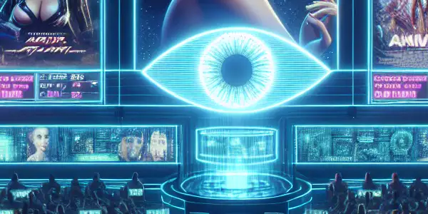 A futuristic cinema showcasing Japanese AV films with diverse moviegoers and holographic tickets, emphasizing market trends.