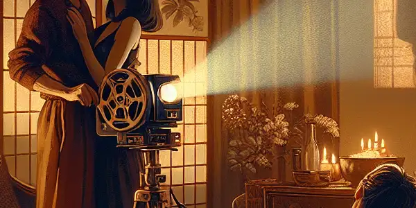 An intimate scene of a couple interacting in a luxurious room, illuminated by a vintage film projector.