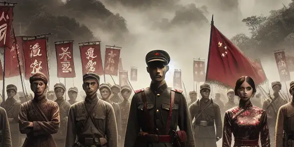 A dramatic battlefield scene from the Second Sino-Japanese War featuring brave soldiers and iconic revolutionary elements.
