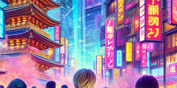 A vibrant 2026 Japanese cityscape bustling with diverse young adults exploring technology and entertainment amidst neon lights and cherry blossoms.