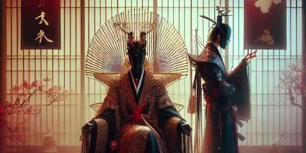 A traditional Japanese room featuring a dominant figure in BDSM attire and a submissive figure, highlighting power dynamics and trust.<a href=